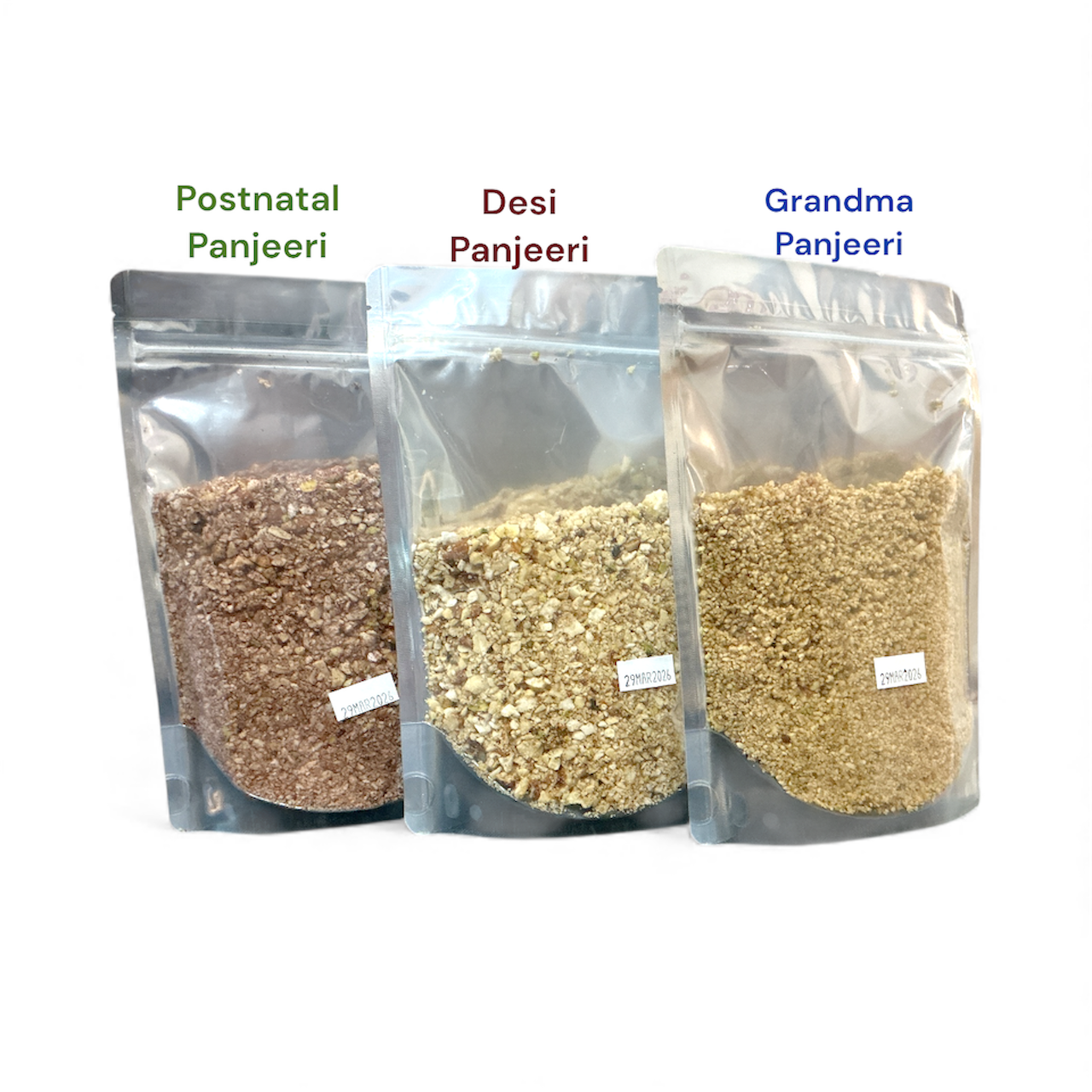 Three packages of Panjeeri with labels 'Postnatal', 'Desi', and 'Grandma' on a white background.